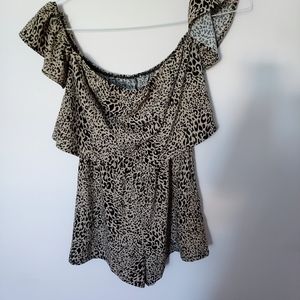 G by Guess Stretch Knit Off the Shoulder Leopard Print Romper Mob Wives